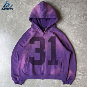 OEM ODM Service Custom <b>Mens</b> Vintage Washed Zip Up Hoodies Graphic Number Print Acid <b>Wash</b> Fleece Hooded Jacket - Product Image 2