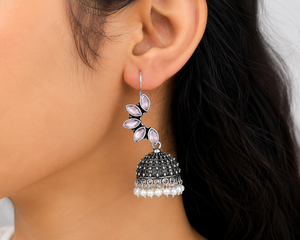 Vintage Oxidized <b>Silver</b> Pink Marquise Stone Pearl Jhumka <b>Earrings</b> for Women | Handmade Boho Ethnic Indian Statement Jewelry - Product Image 5