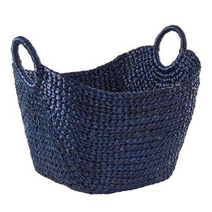 Navy Blue Woven Water Hyacinth Basket Storage Laundry <b>Hamper</b> with Ring Handles Eco Friendly Home Organizer Container <b>Box</b> - Product Image 2