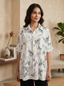 <b>Butterfly</b> Print White Shirt Women's Turn Down Collar Drop Shoulder Short Sleeves Button Down Loose Casual Long Premium Shirt - Product Image 1