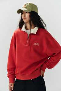 <b>Women's</b> Red Drop Shoulder Quarter Zip Sweatshirt Casual <b>Long</b> <b>Sleeve</b> Turn Down Collar <b>Top</b> - Product Image 3