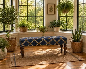 Rustic Blue Upholstered <b>Bench</b> Handmade Wool Jute Wooden Farmhouse Entryway Ottoman Bedroom End of Bed Accent <b>Seating</b> - Product Image 6