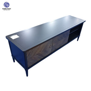 Meuble TV en bois d'acacia massif, design à panneaux en chevrons, rustique, moderne, écologique, multifonctionnel, console de rangement multimédia pour salon - Product Image 2