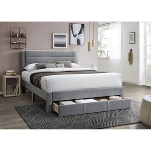 Letto Matrimoniale Contemporaneo di Lusso con Cassetto Contenitore, Testiera in Velluto a Coste Grigio, Struttura Imbottita di Lusso - Product Image 1