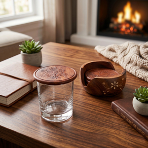 Juego de cinco posavasos redondos de madera hechos a mano con incrustaciones florales, con soporte, posavasos vintage para bebidas, artículo decorativo artesanal para mesa. - Product Image 6