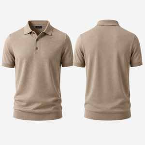เสื้อเชิ้ตแขนสั้นผู้ชายสีเบจ ผ้าไม่ทอ 100% ผ้าฝ้าย สไตล์สปอร์ต ทรงปกติ สวมใส่สบาย สีพื้น ดีไซน์ย้อมเส้นด้าย - Product Image 1