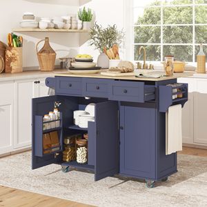 Isola da Cucina Blu Regolabile su Ruote, Carrello da Cucina Portatile con Piano in Legno, Stazione di Ricarica, Isola da Cucina con Piano Ribaltabile - Product Image 2
