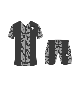 Conjunto de uniforme de fútbol sublimado personalizado para hombre, jersey con estampado de paneles en negro y gris y pantalones cortos a juego para profesionales - Product Image 2