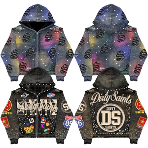 Dirty Saints Hooded Zipper <b>Jacket</b> Men Oversized Streetwear Printed Polyester Knitted Sweatshirt with Pockets and <b>Rhinestone</b> Deta - Product Image 5