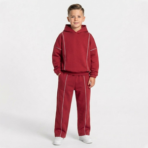 Custom Contrastline Cherry Red <b>Oversized</b> Kids Boys Tracksuit Set Cotton Fleece Hoodie & Wide Leg <b>Sweatpants</b> OEM Manufacturer - Product Image 1