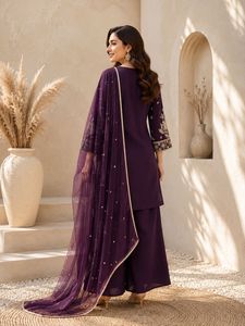 Purple Embroidered Salwar Kameez Set <b>Reversible</b> Stretch Wrinkle Free Wedding Diwali Party <b>Dress</b> with Dupatta - Product Image 2