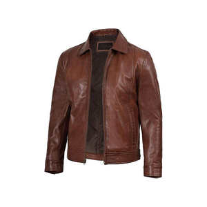 Chaqueta de Cuero Genuino para Hombre – Chaqueta de Motociclista Casual Ajustada de Color Marrón Personalizada para Venta al por Mayor - Product Image 2