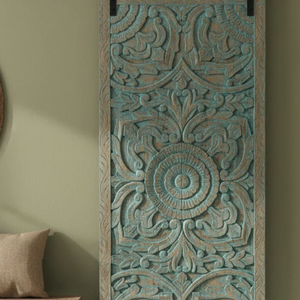 Puerta Corredera Rústica de Madera Tallada Color Verde Azulado, Estilo Antiguo, con Mandala Floral Hecho a Mano para Entrada Interior - Product Image 2