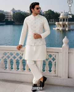 Designer <b>Mens</b> Wear Malai Satin <b>Kurta</b> And Malai Satin Payjama With Jacquard Koti Set - Product Image 4