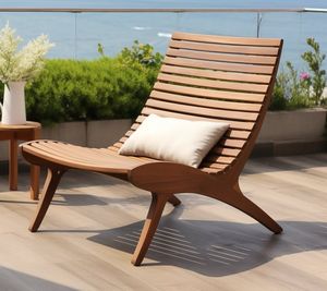 Chaise de relaxation d'extérieur en teck massif, 1 place, avec lattes, sans accoudoirs, pour patio - Product Image 1