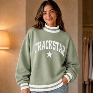 Sage White Rib Band Trackstar Women's Mock Neck Sweatshirt White Letter <b>Star</b> Custom Logo Private Label Wholesale Pullover - Product Image 1