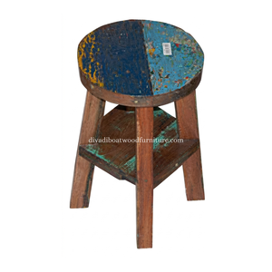 Sustainable Reclaimed Boat Wood Round Top <b>Stool</b> Leg with Square Wood Design Eco-Friendly Indoor Outdoor Bali Wood Furniture - Product Image 1