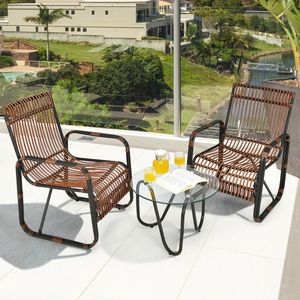Juego de 3 Piezas de Muebles de Ratán para Patio, 2 Sillas Individuales de Mimbre y Mesa Auxiliar de Vidrio para Jardín - Product Image 5