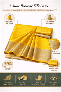 ผ้าไหมลายดอกไม้สีเหลืองแบบโคนิเฟอร์ พร้อมขอบผ้าปักดิ้นทองอย่างดี ผ้าส่าหรีอินเดียแบบดั้งเดิมสำหรับงานแต่งงานและงานเฉลิมฉลอง มีสินค้าพร้อมส่ง - Product Image 6