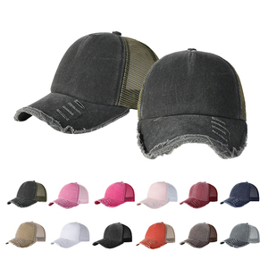 OEM ODM 5 Panel 3D Embroidery Custom Mesh Trucker <b>Hat</b> Baseball Cap Curved Brim Vintage Distressed Hip Hop Sports Cap - Product Image 4