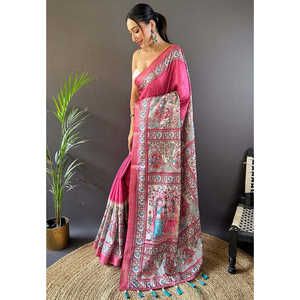 Sari en soie Tussar imprimé Madhubani Elite Weaves avec bordure tissée en zari, couleur rose, pour la mode indienne et pakistanaise - Product Image 1