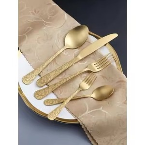 Ensemble de couverts de luxe en métal avec manche en laiton, cuillère, fourchette et couteau en acier inoxydable, vaisselle durable et élégante - Product Image 5