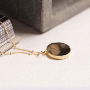 Pendentif disque vintage en labradorite, chaîne satellite plaquée or et argent en argent 925, bijoux de fiançailles pour hommes et femmes - Product Image 2