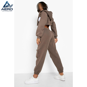 Newest Product Women Pullover Tracksuit <b>Set</b>, In Brown Color Best Quality Long Sleeve Gym Wear Crop Hoodie And Pant <b>Sets</b> - Product Image 2