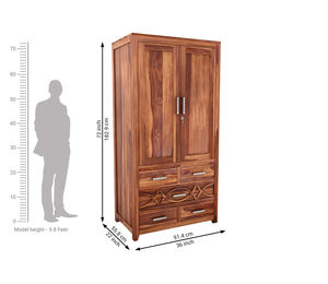 Armoire moderne à 2 portes en bois, armoire de rangement pour vêtements en bois massif Sheesham, armoire multifonctionnelle en bois pour chambre à coucher - Product Image 4