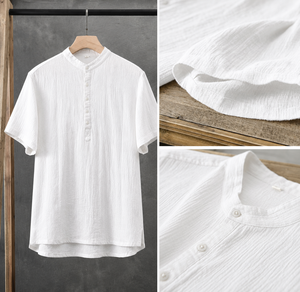 Men's Linen Cotton Short Sleeve Stand <b>Collar</b> <b>T</b>-<b>Shirt</b> Loose Fit Casual Solid Color Breathable Woven Fabric - Product Image 2