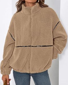 Chaqueta de Forro Polar Sherpa Color Camel para Mujer, con Ribete de Cuero Sintético, Cierre Completo, Cuello Alto y Dobladillo Elástico, Fabricación B2B, Suministro OEM - Product Image 3