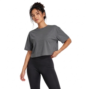 Camiseta Corta Gris para Mujer, Cuello Redondo, Manga Corta, Color Sólido, 100% Algodón, Tejido de Punto, Corte Holgado, Ropa Casual para Todas las Temporadas - Product Image 1