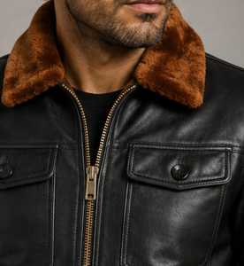 Blouson en cuir pour homme avec col en fausse fourrure et fermeture éclair - Product Image 4