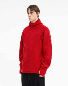 Pull col roulé rouge pour homme, manches longues, couleur unie, coupe ample, tricot décontracté d'hiver, 100 % acrylique, design côtelé épais - Product Image 2