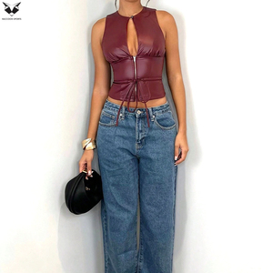 Deep Red Color Sleeveless Zipper Front Slim Fit Club Streetwear Fashion Wear Fully Customized Made OEM ODM Service Leather Vest - Product Image 3