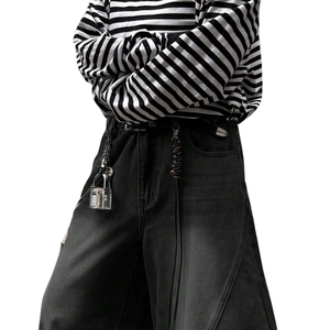 Jean baggy décontracté pour homme, noir délavé et vieilli, coupe large, taille haute, ample, respirant, 100 % coton, couleur unie - Product Image 3