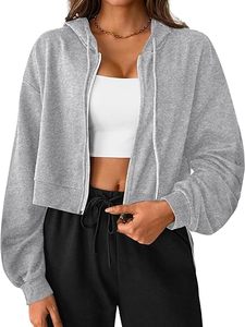 Women's <b>Cropped</b> <b>Zip</b>-<b>Up</b> Hoodie French Terry Fleece Casual Hooded Sweatshirt - Product Image 2