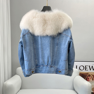 2026 Solid Color Casual Wear Real Big Fox Fur Collar Parka <b>Coat</b> New Winter Warm <b>Duck</b> <b>Down</b> Jeans Jacket - Product Image 4