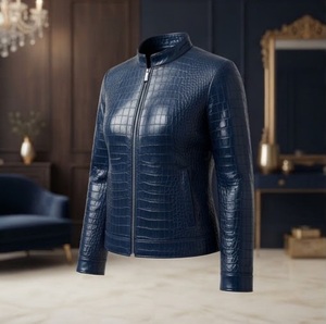 Blue Crocodile Embossed Faux <b>Leather</b> <b>Moto</b> <b>Jacket</b> <b>Women</b> Stand Collar Full Sleeve Autumn Windproof Regular Length - Product Image 2