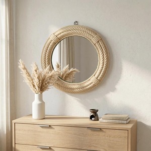 Miroir mural en rotin, cadre naturel simple, parfait pour la décoration de bureau ou de studio, pour une ambiance minimaliste et calme, provenant d'Inde. - Product Image 2
