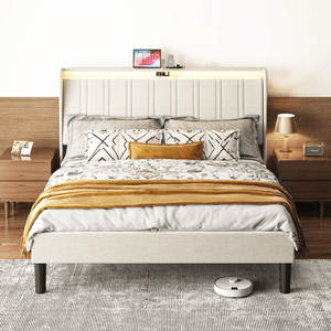 Letto matrimoniale moderno con piattaforma, testiera imbottita in tessuto e doghe in legno, supporto morbido per letto king size - Product Image 5