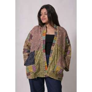 Chaqueta Boho de Invierno Multicolor con Estampado de Patchwork Indio, Tejida en Algodón Transpirable, de Manga Tres Cuartos - Product Image 2