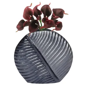 Handmade Metal Tabletop <b>Vase</b> Minimalist Design Black <b>Ribbed</b> Surface Decorative Centerpiece for Modern Interiors - Product Image 3