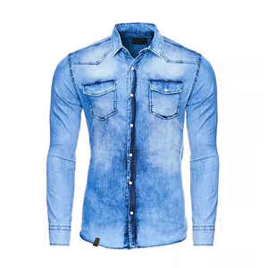 Camisas de mezclilla casuales de hombre al por mayor, personalizadas, de manga larga, con botones, de color liso, estilo streetwear para fiestas de otoño - Product Image 4