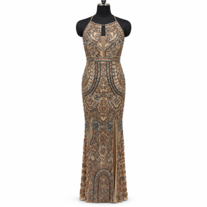 Statement Bronze Embellished Evening Gown Halter Neck Keyhole Bodice Geometric Beadwork | Fitted Floor Length Sheath Party <b>Dress</b> - Product Image 1