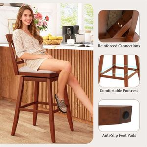 Set di 2 Sgabelli da Bar Girevoli da 29 Pollici con Telaio in Legno di Gomma Massiccio e Schienale Ergonomico Curvo per Uso Domestico o Commerciale Confortevole - Product Image 4