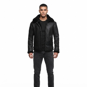 Veste d'hiver unisexe en cuir noir doublée de fourrure, fermeture éclair sur le devant, col rabattable, ourlet réglable avec boucles - Product Image 1