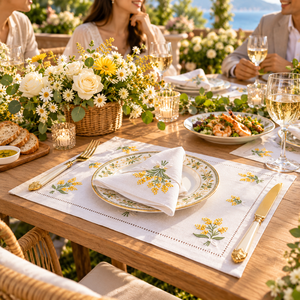 Set de table en coton brodé floral jaune, de luxe, avec ourlet festonné, idéal pour les banquets de mariage et comme cadeau de pendaison de crémaillère - Product Image 4