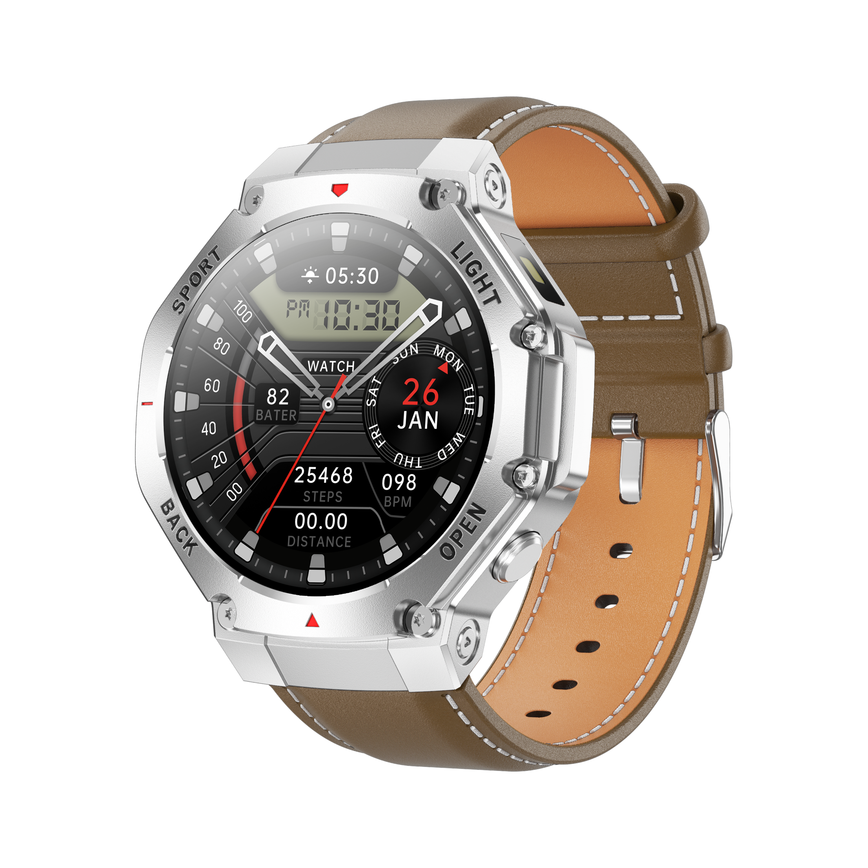 Silver Case / Brown Leather Strap