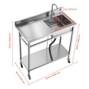 Lavello Commerciale a Vasca Singola in Acciaio Inossidabile con Ruote e Rubinetto Acqua Calda/Fredda per Cucina Professionale - Product Image 6